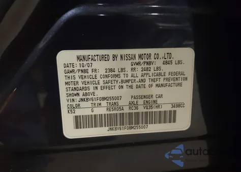 2008 Infiniti G35X z USA, uszkodzony, nr VIN JNKBV61F08M255007